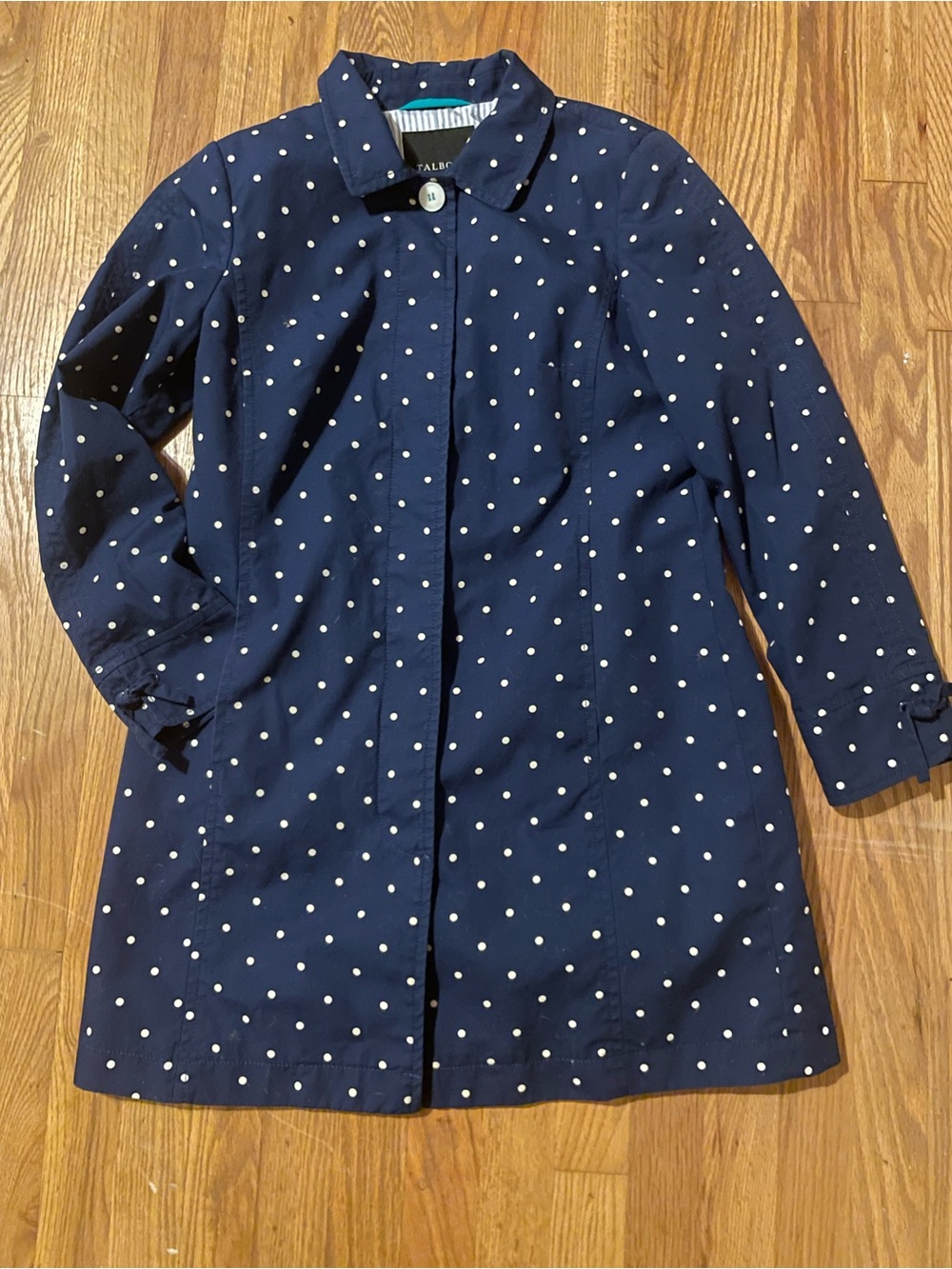 Talbots Navy and White Polka Dot Coat with Striped Lining